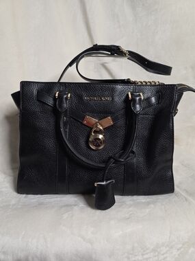 Michael Kors Nouveau Hamilton Large Pebbled Leather Satchel Bag - Black / Gold